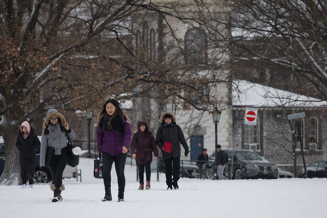 Students on campus in winter