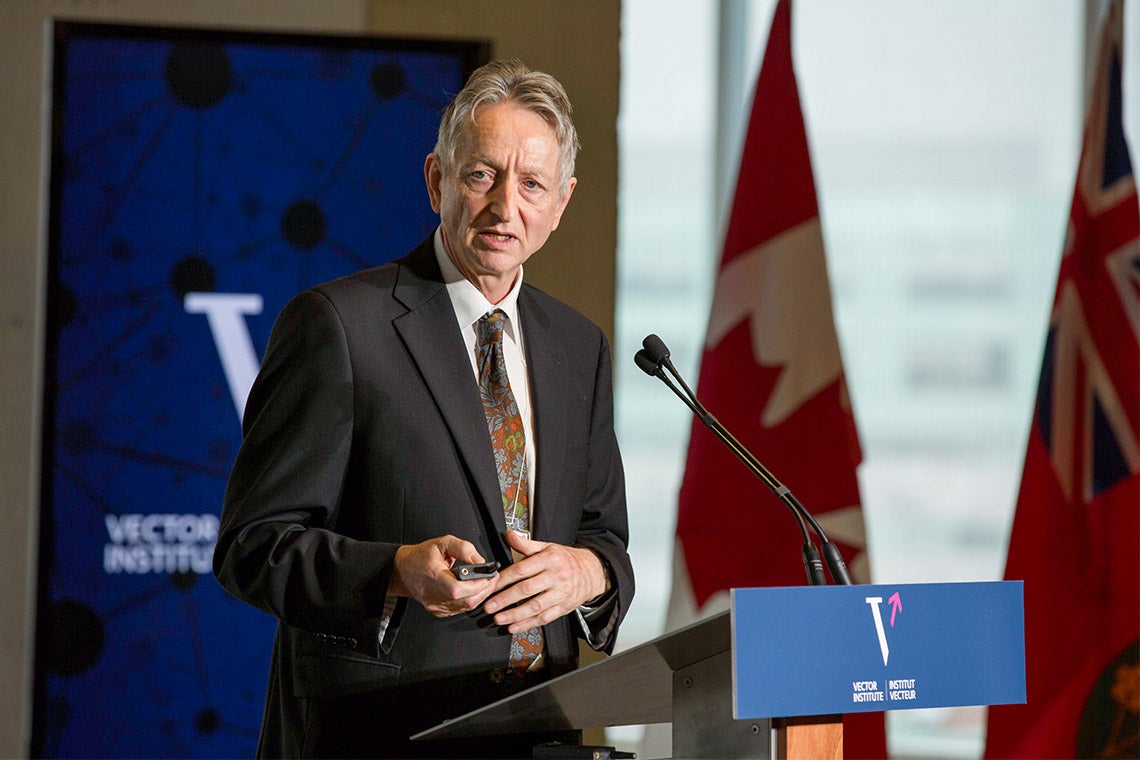 Geoffrey Hinton delivering a speech at the Vector Institute