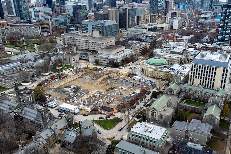 aerial view of front campus showing construction for landmark