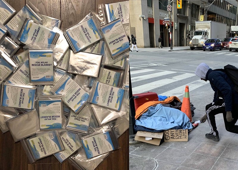 photo of mylar blankets packets and a Blankets for T.O. member handing out a blanket to a homeless person