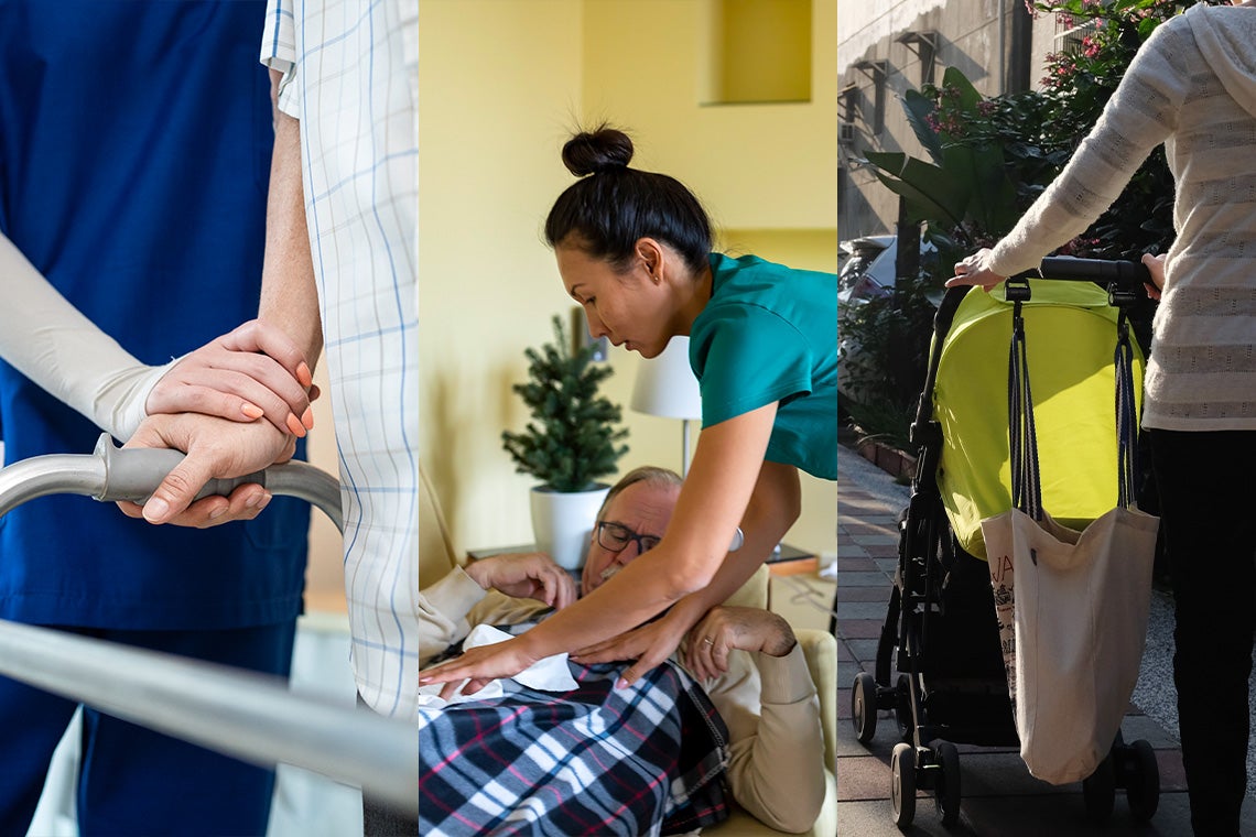 composite image shows female nurse holding an elderly person's hand, an asian nurse assisting a senior who is lying down at home and a woman pushing a baby stroller