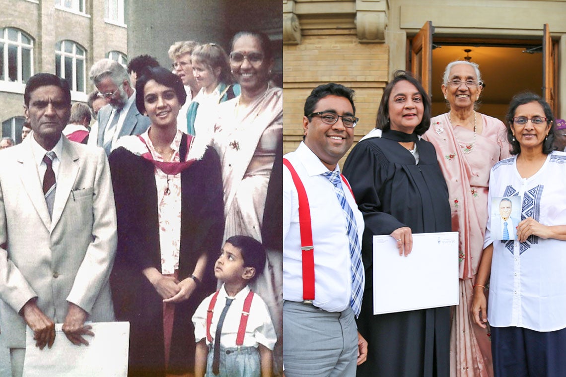 Left is photo of Unnati Patel and family from 31 years ago; Friday is recreated photo from graduation in November