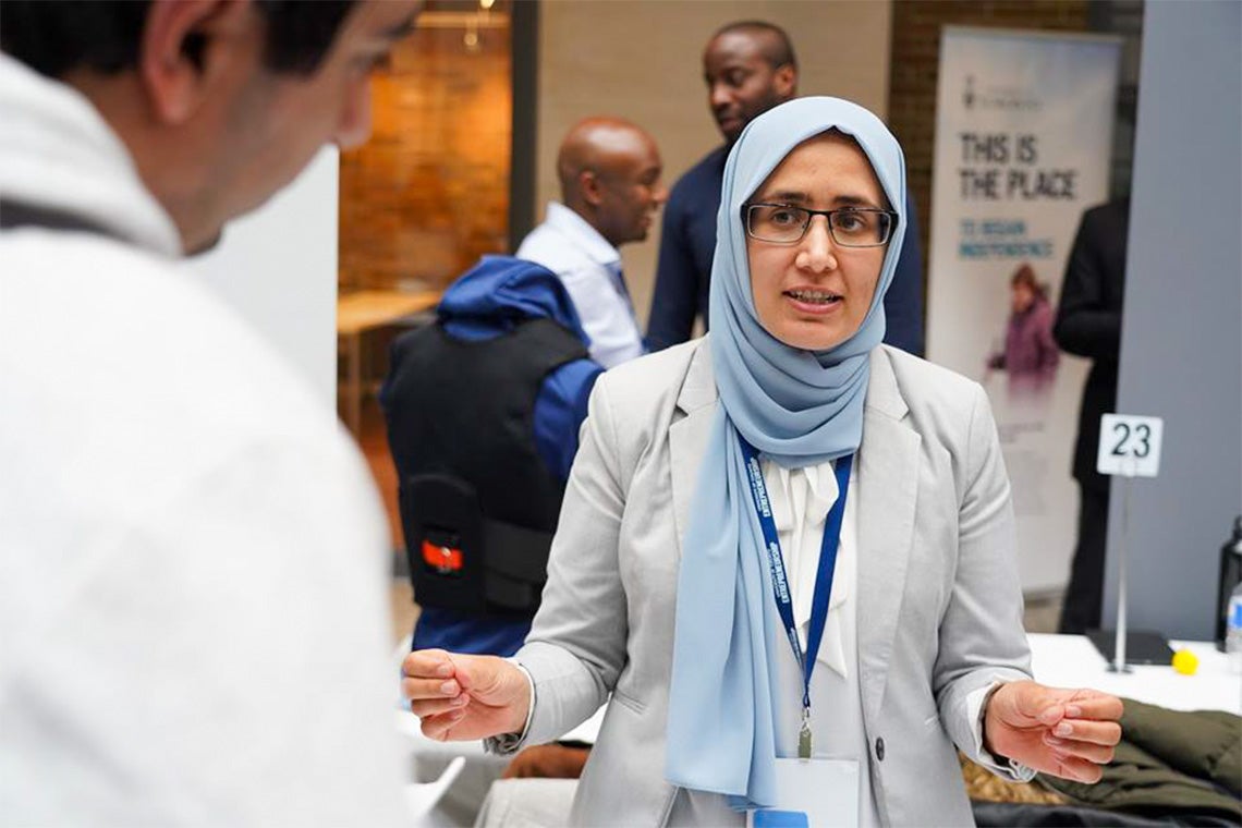Diva Turial, who recently won the Falling Walls Toronto Pitch Competition, fields questions about her start-up, Lead with Dignity, at the True Blue Expo earlier this year