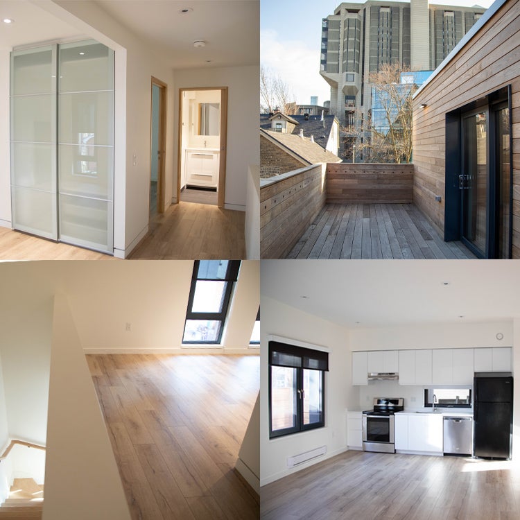 a grid of photos showing the interior spaces of the laneway houses