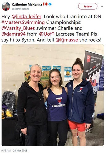 Tweet from Catherine McKenna that gives a shout out to U of T varsity swim team and coach