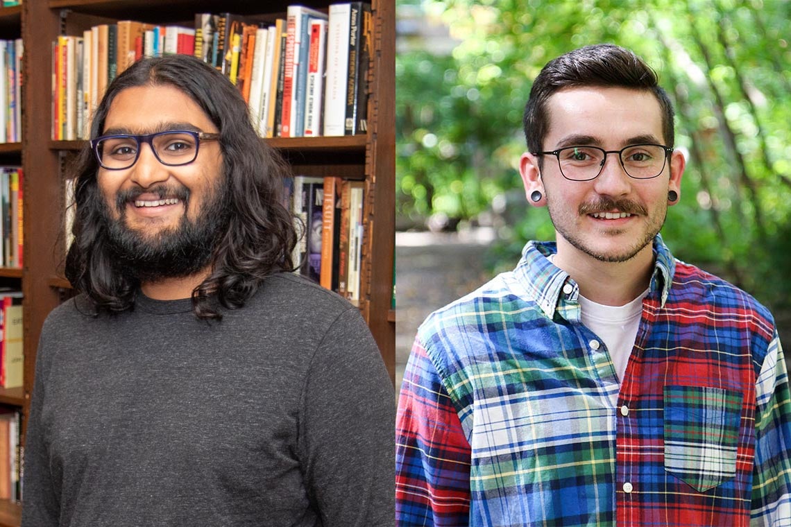 portrait-style photos of Seshu Iyengar (in library) and Joel Goodwin (in front of trees)