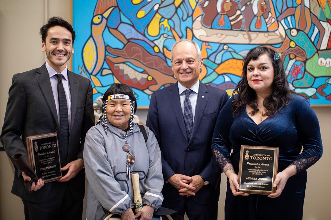 photo of Tyee Fellows, Inuk Knowledge Keeper Naulaq LeDrew, U of T President Meric Gertler and Andrea Johns 