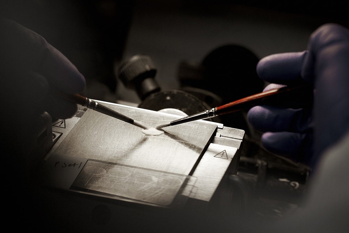 Close up of gloved hands using brushes in lab