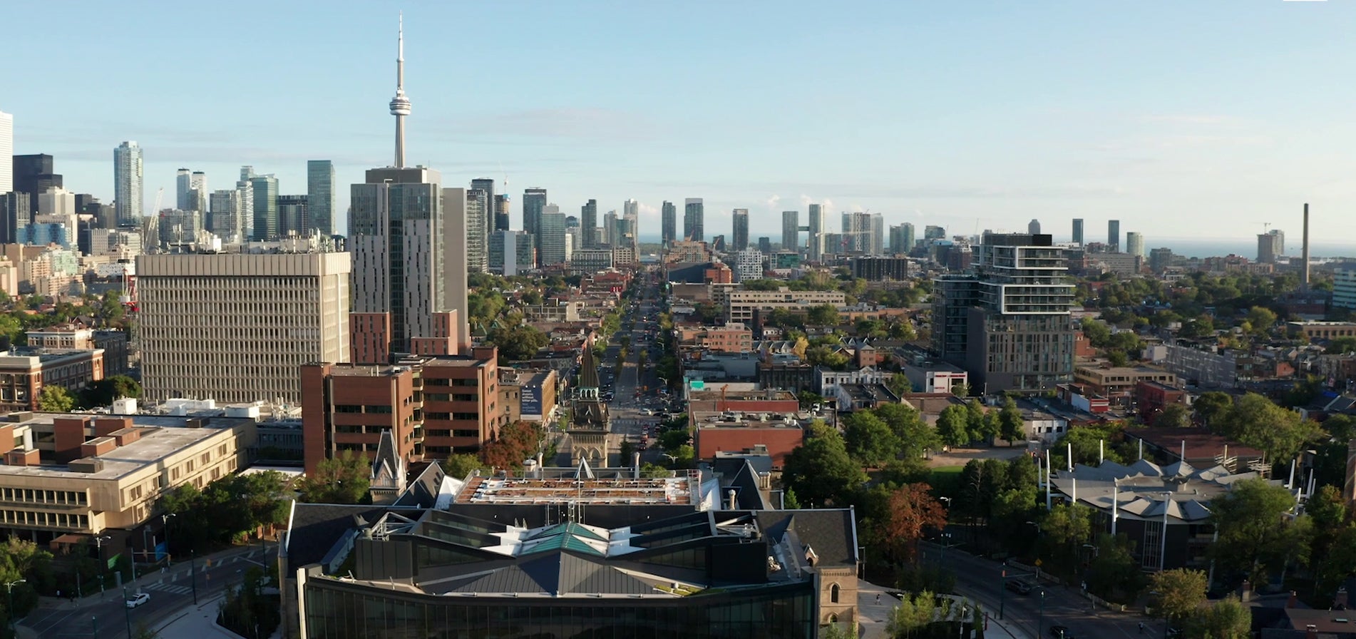 An aerial view of the St. George campus with the CN Tower on the horizon.