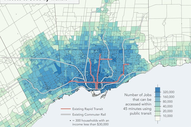 This map shows the number of jobs reachable by public transit within a 45 minute trip from each neighbourhood in the GTA.