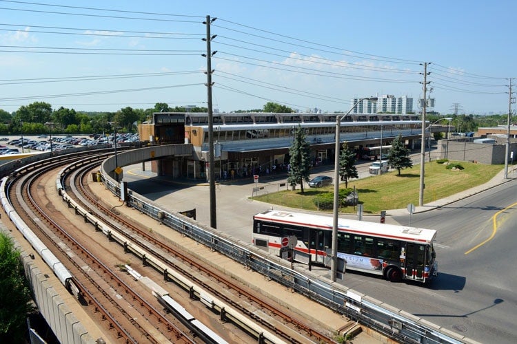 A bus and light rail tracks in Scarborough