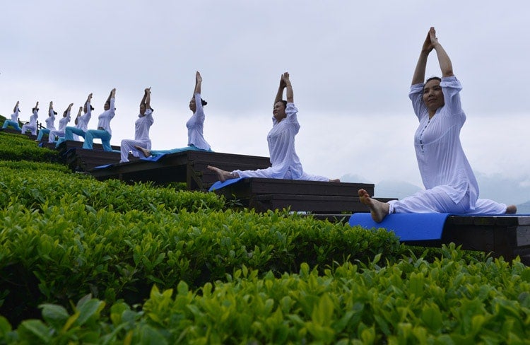 Women doing yoga in the early morning