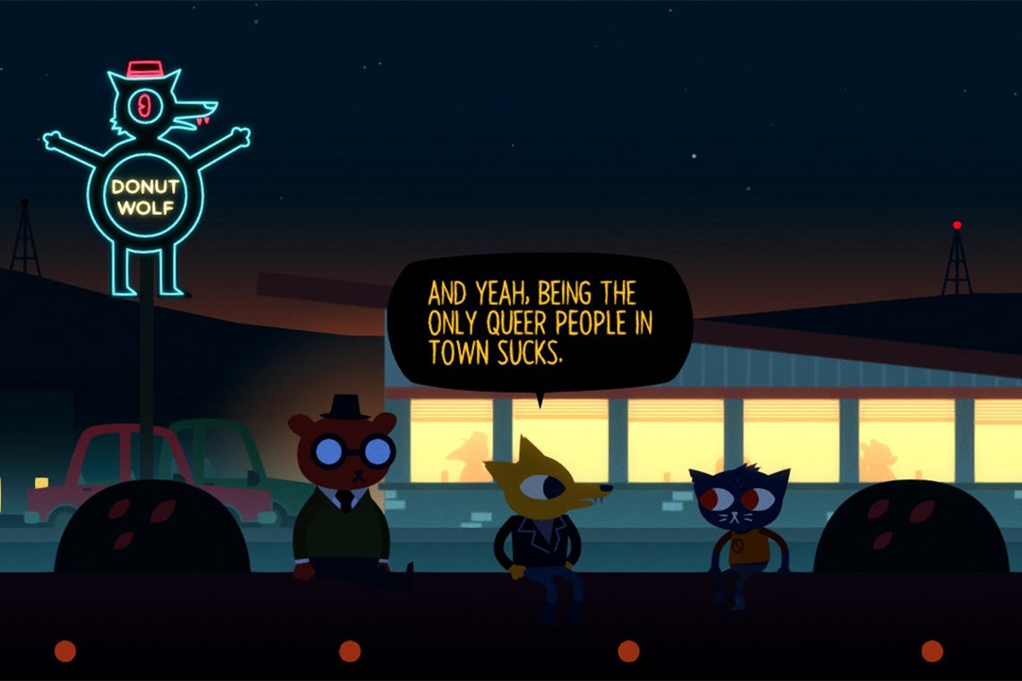 A still from Night in the Woods shows a character saying "and yeah, being the only queer people in town sucks."