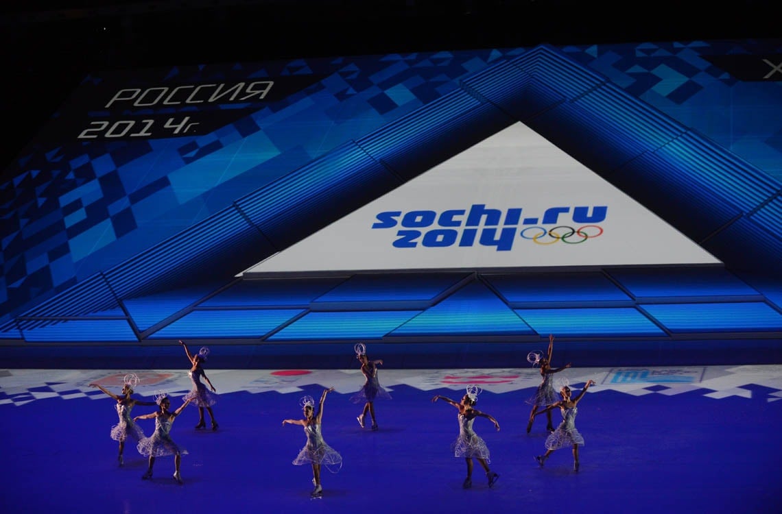 Performers at a ceremony marking one year until the 2014 Winter Olympics