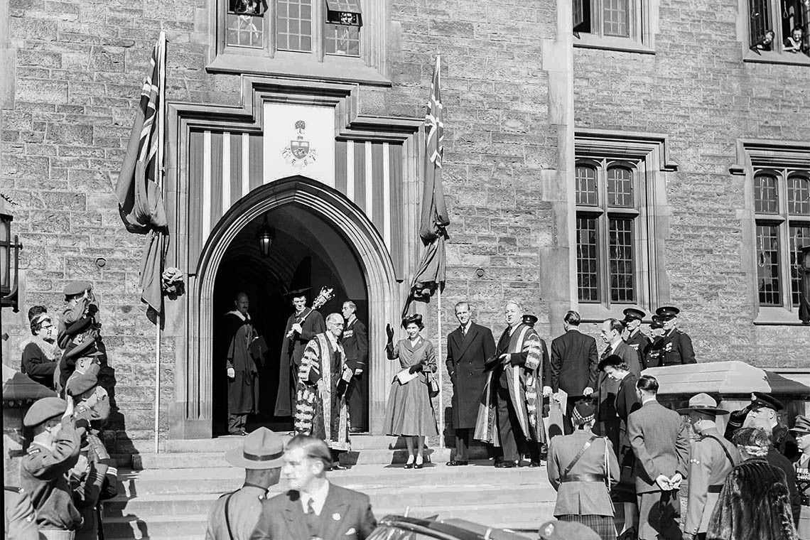 Queen Elizabeth and Prince Philip outside of Hart House