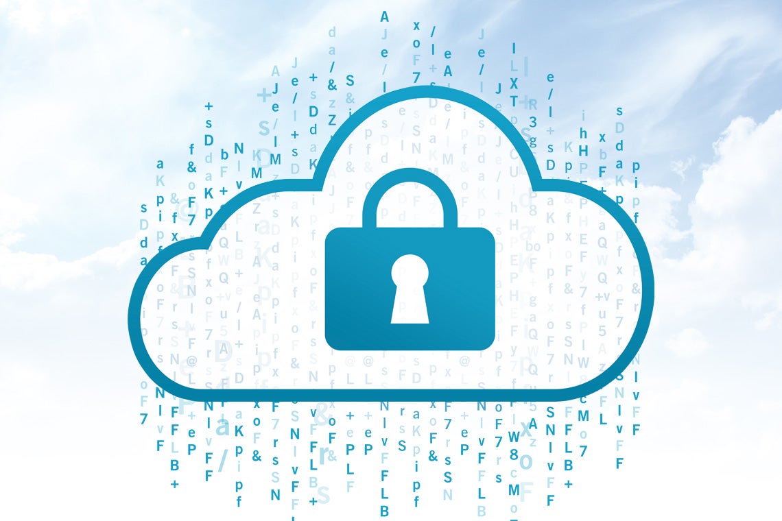 An illustration of a padlocked cloud raining random letters symbolizes the work of cryptography startup SHIELD Crypto Systems