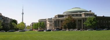 Convocation Hall with the CN Tower in the background.