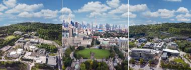 Three aerial shots of the UTM, St. George and UTSC campuses.