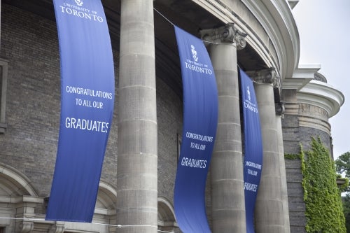 Convocation Hall exterior with blue banners.