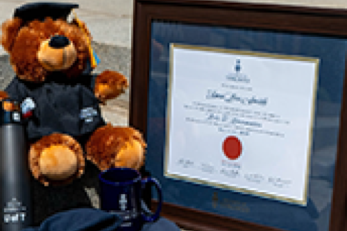 Teddy bear, frame and water bottle