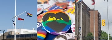 photo montage of pride flags being flown at UTM and St. George campus and a colleciton of pride buttons at UTSC