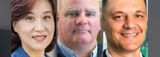 Three headshots of a woman and two men