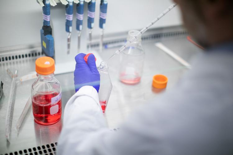 A researcher uses a pipette to drop fluid into a glass bottle behind a glass fume hood