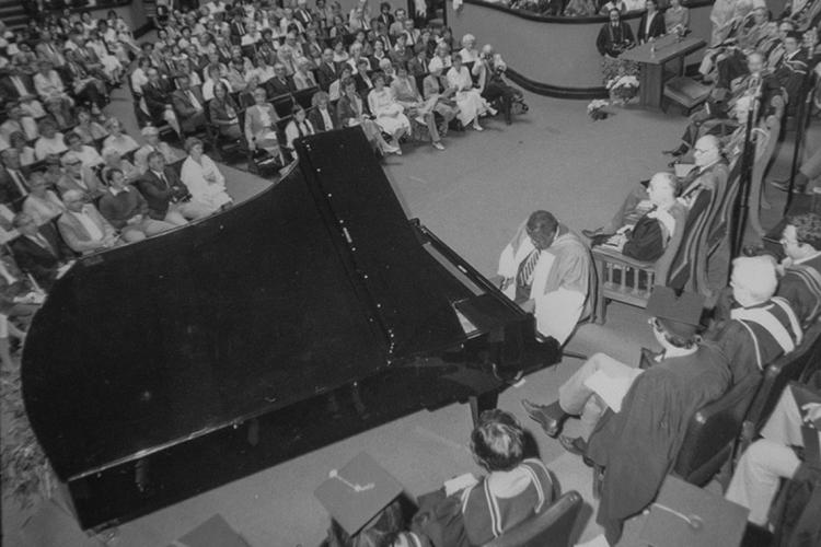 Oscar Peterson plays the piano at his Honorary Degree ceremony