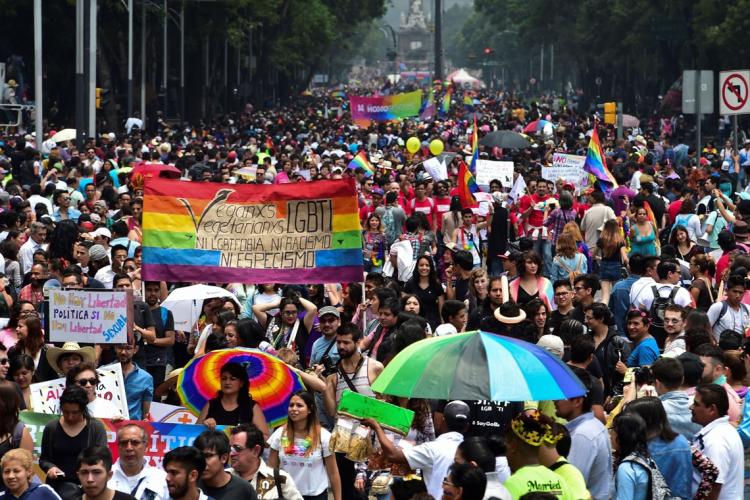 a very large crowd marching in the Pride Parade in Mexico City