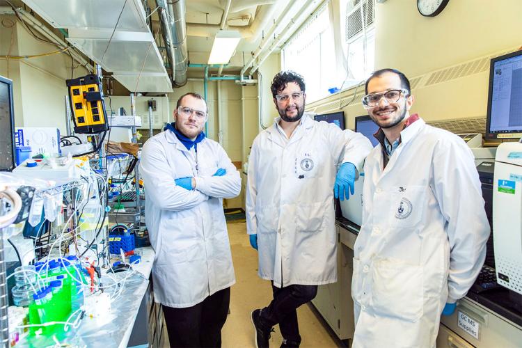 Photo of Adnan Ozden, F. Pelayo García de Arquer and Joshua Wicks in the lab