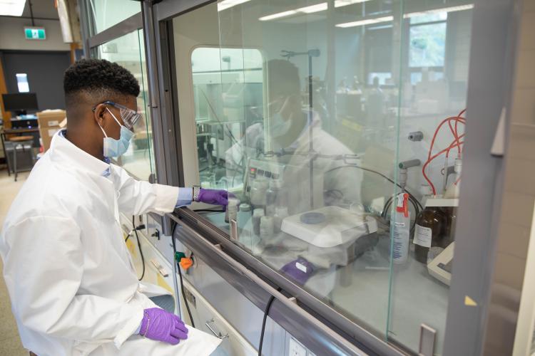 Gaius St. Marie works in a lab using a fume hood behind glass