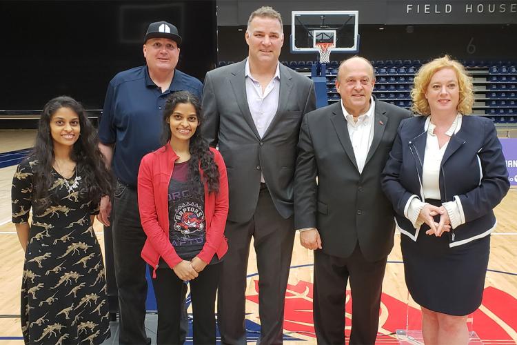 Sandhya and Swapna Mylabathula with Gordon Stringer, Eric Lindros and Ministers Michael Tibollo and Lisa MacLeod 