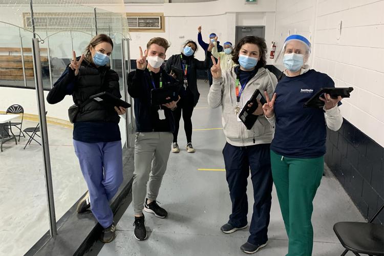 Left to right: Susannah Merritt, Noah Schonewille, Upasana Saha (middle, rear), Cass Mackey and Erin Bearss at the Albion Arena