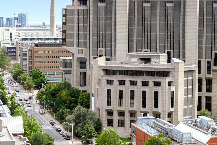 Aerial view of the Faculty of Information building looking south down st. george st