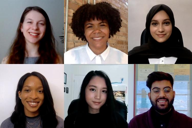 Clockwise from top left: U of T grads Natasha Djuric, Rebekah Robinson, Roshaneh Jaffer, Mueed Fiaz, Jayra Almanzor and Obianuju Nwadike