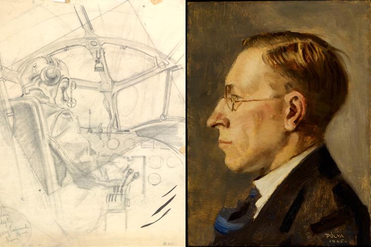 Left: Flight deck, ink and pencil on tracing paper, by Hubert Reginald Rogers. Right: Frederick Banting, oil on board, by Tibor Polya.