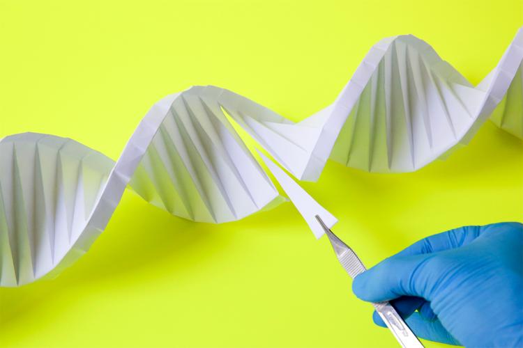 a gloved hand using tweezers takes a piece out of a papercraft DNA helix