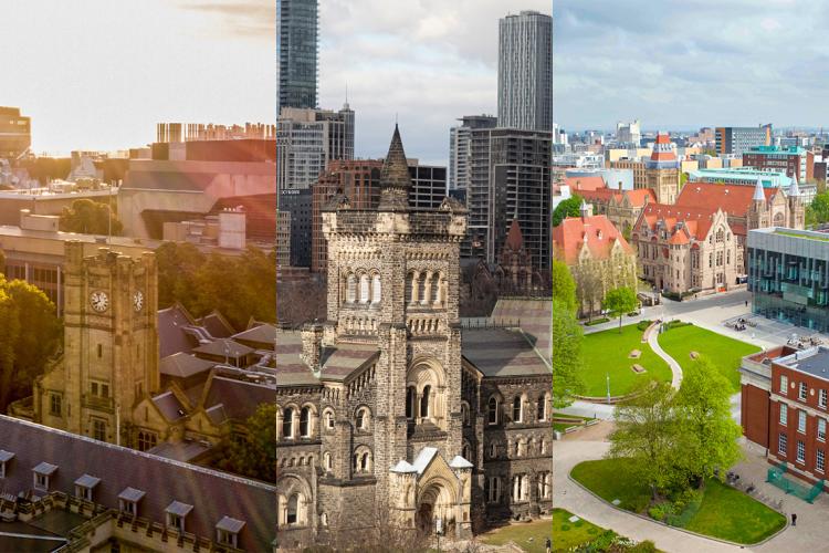 From left to right: the campuses of the University of Melbourne, the University of Toronto and the University of Manchester