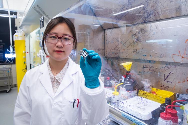 So Min Park holds up a sample of the perovskite solar cell