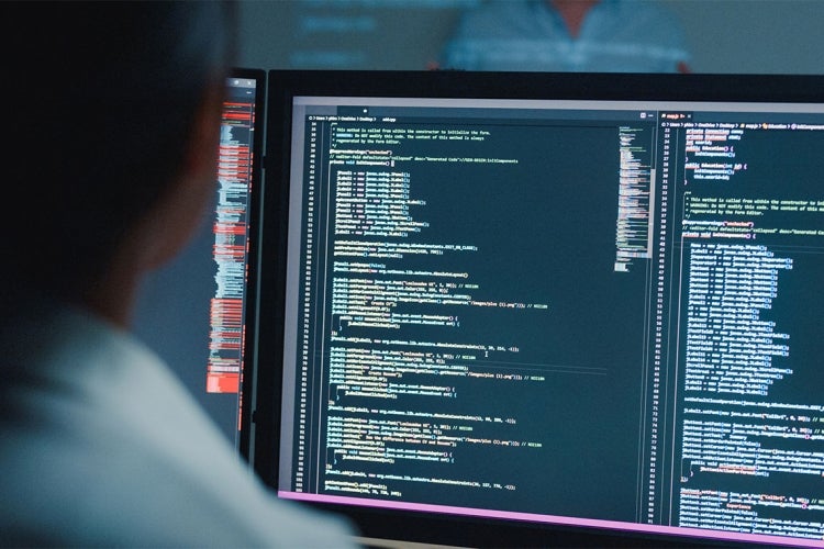 a person looks at a computer screen filled with source code