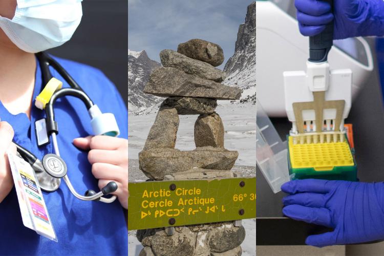 a close up of a nurse, an inukshuk at the arctic cricle, and a lab tech dispensing samples