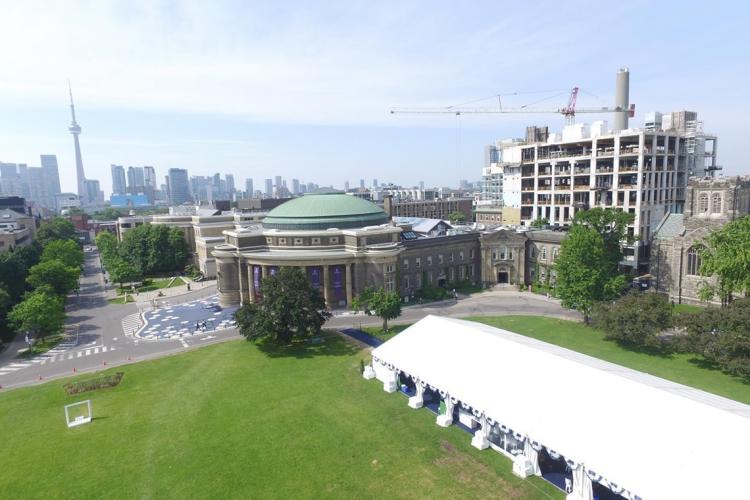 Drone photo of Convocation Hall and front campus