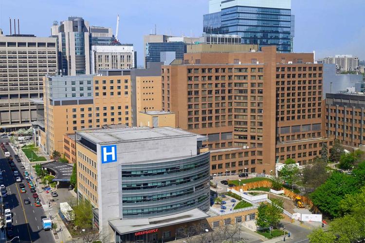 An aerial view of various downtown Toronto hospitals