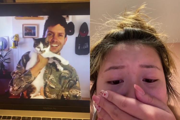 Adam hammond holding his cat and samantha chan reacting with tears
