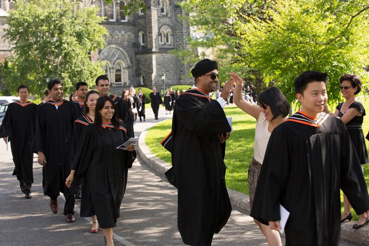 Photos of students in gowns walking to convocation ceremony