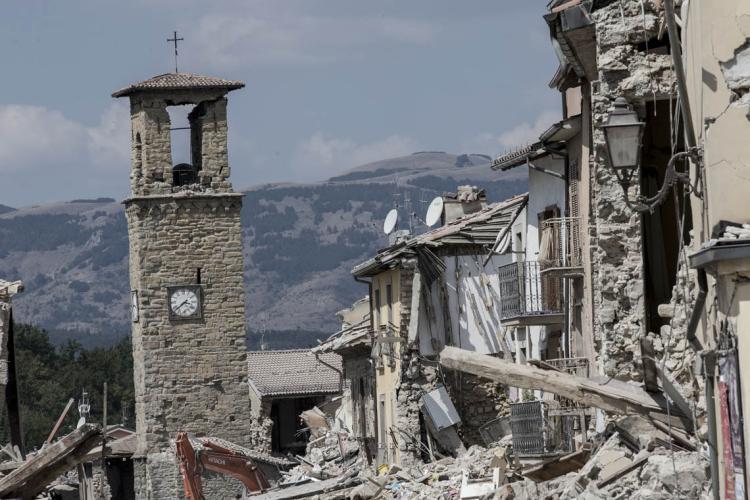 A view of the damaged bell tower in Amatrice, Italy