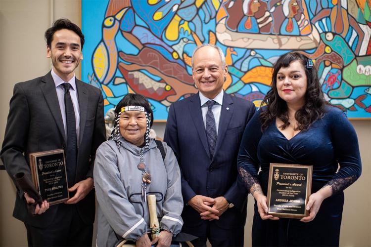 photo of Tyee Fellows, Inuk Knowledge Keeper Naulaq LeDrew, U of T President Meric Gertler and Andrea Johns 