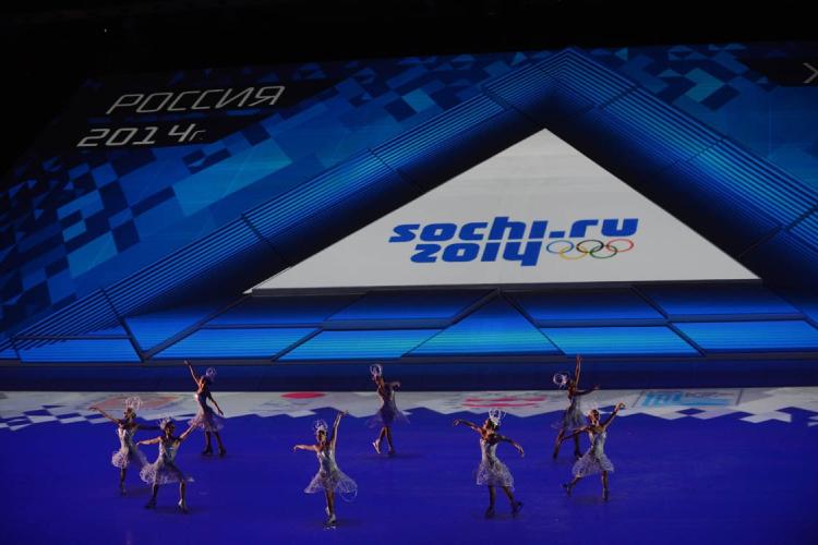 Performers at a ceremony marking one year until the 2014 Winter Olympics