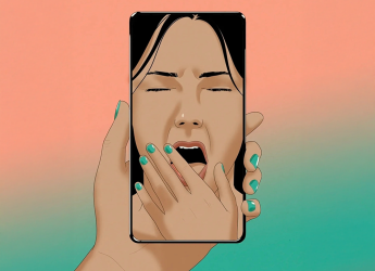 An illustration of a hand holding a mobile phone with an image of a woman yawning displayed on it