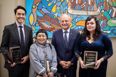 Tyee Fellows, Inuk Knowledge Keeper Naulaq LeDrew, U of T President Meric Gertler and Andrea Johns pose for a photo at First Nations House 